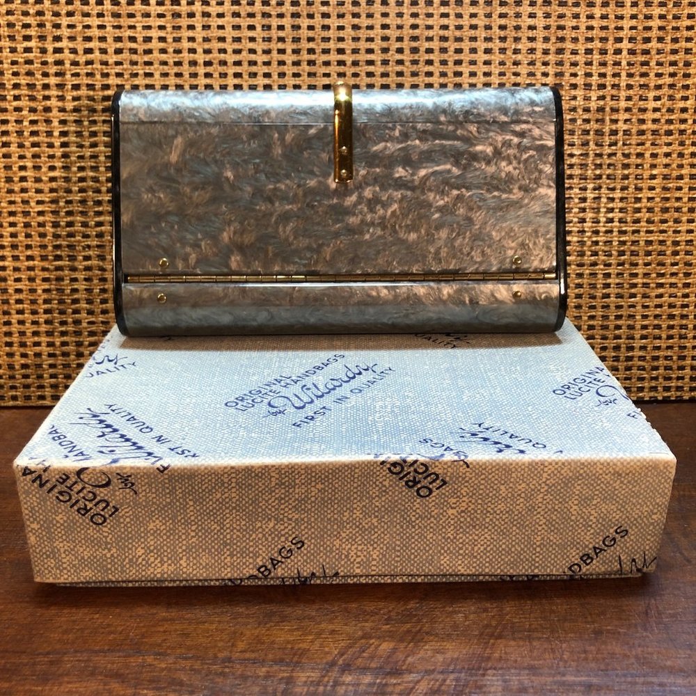 1950s Wilardy Gray Lucite Snap Clutch With Box, Authentication & Promotion Cards
